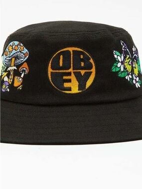 Obey Magic Bucket Hat Black Flowers Mushrooms Angel 100% Cotton One Size